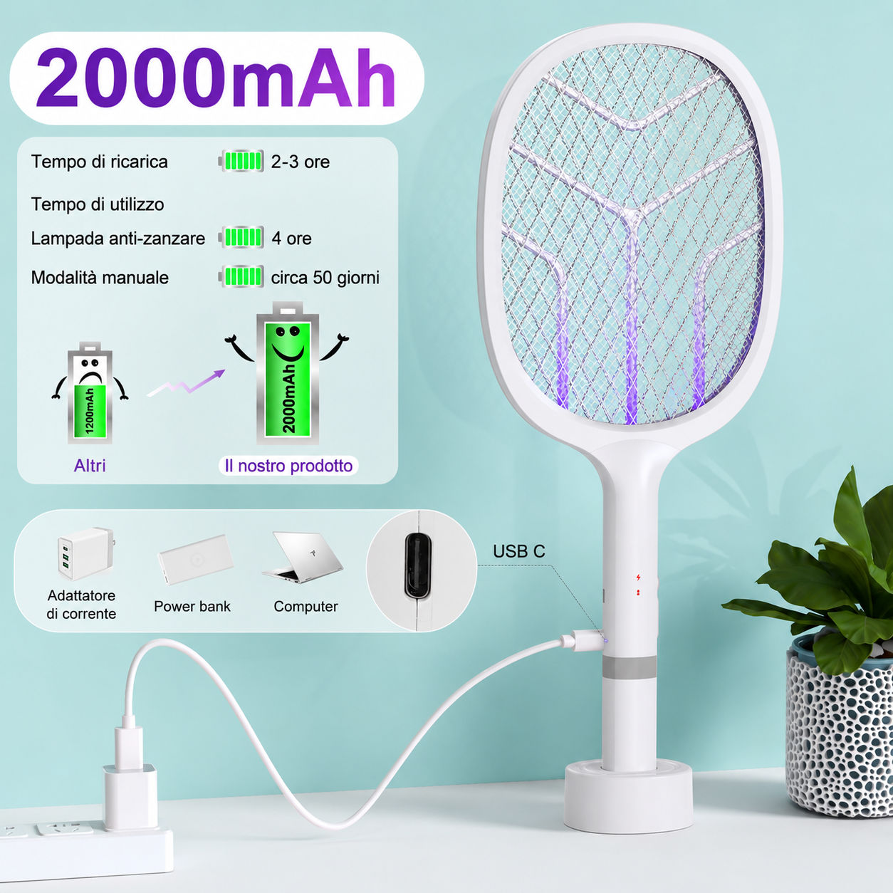 Racchetta Elettrica Antizanzare USB 2 in 1 5000V