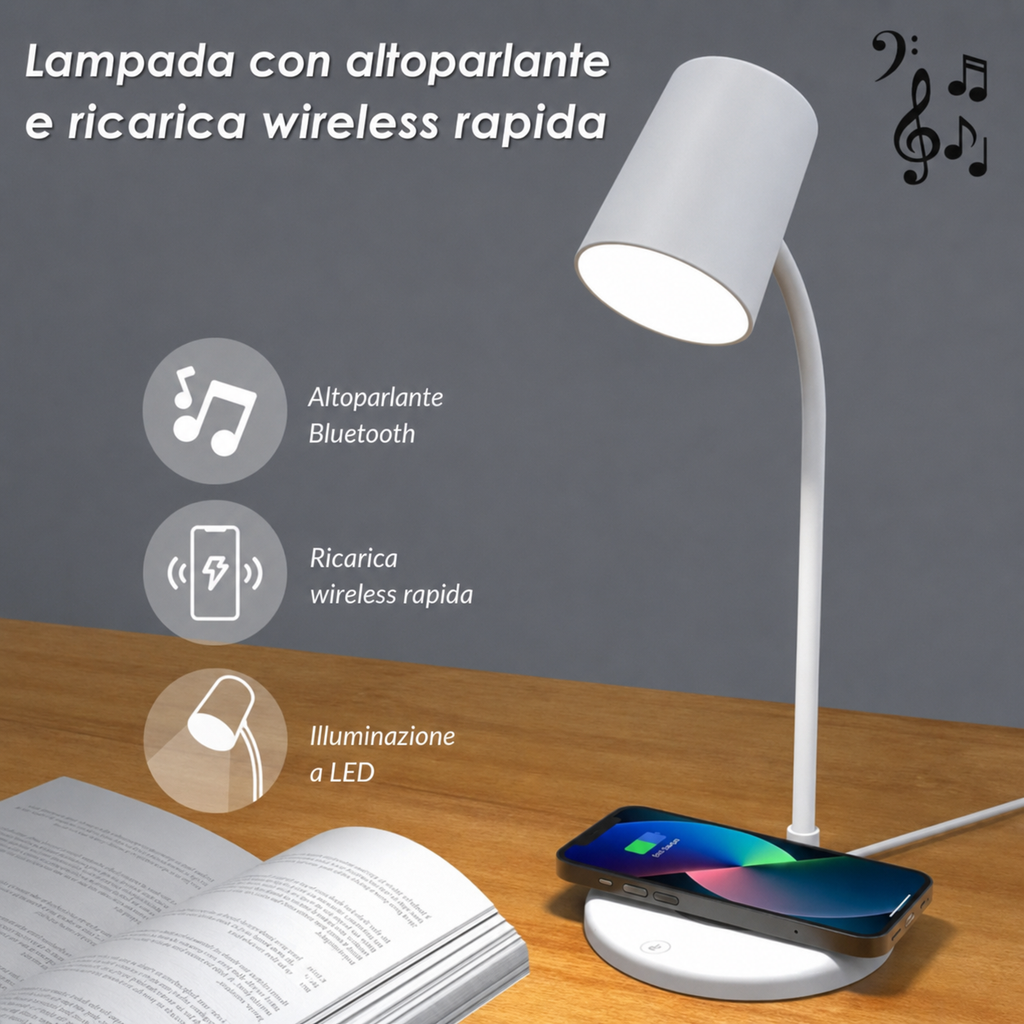 Lampada LED 3 in 1 con Altoparlante Bluetooth e Ricarica Wireless – Lampada da Tavolo Smart USB