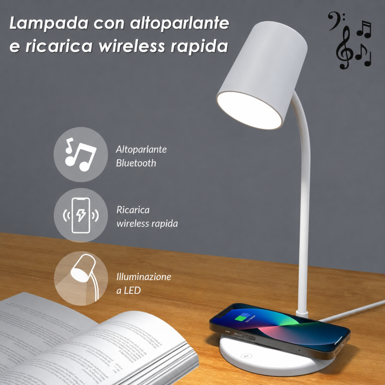 Lampada LED 3 in 1 con Altoparlante Bluetooth e Ricarica Wireless – Lampada da Tavolo Smart USB
