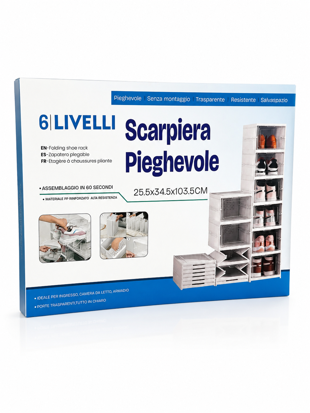 Scarpiera Pieghevole 6 Ripiani Salvaspazio con Sportelli Trasparenti – Organizzatore Scarpe Impilabile