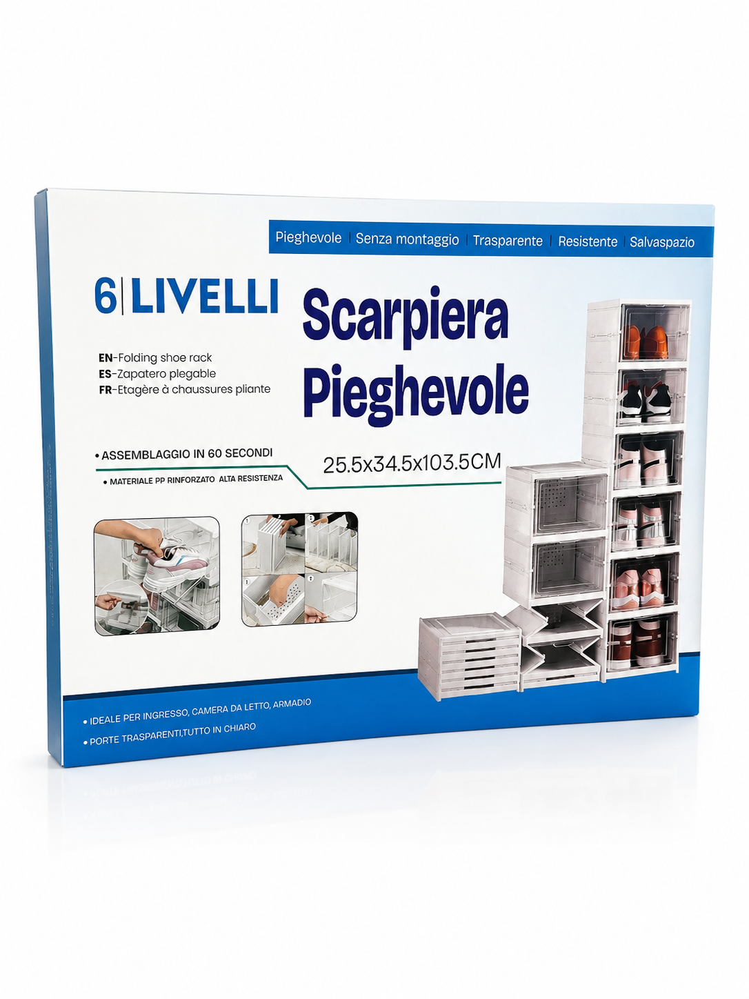 Scarpiera Pieghevole 6 Ripiani Salvaspazio con Sportelli Trasparenti – Organizzatore Scarpe Impilabile