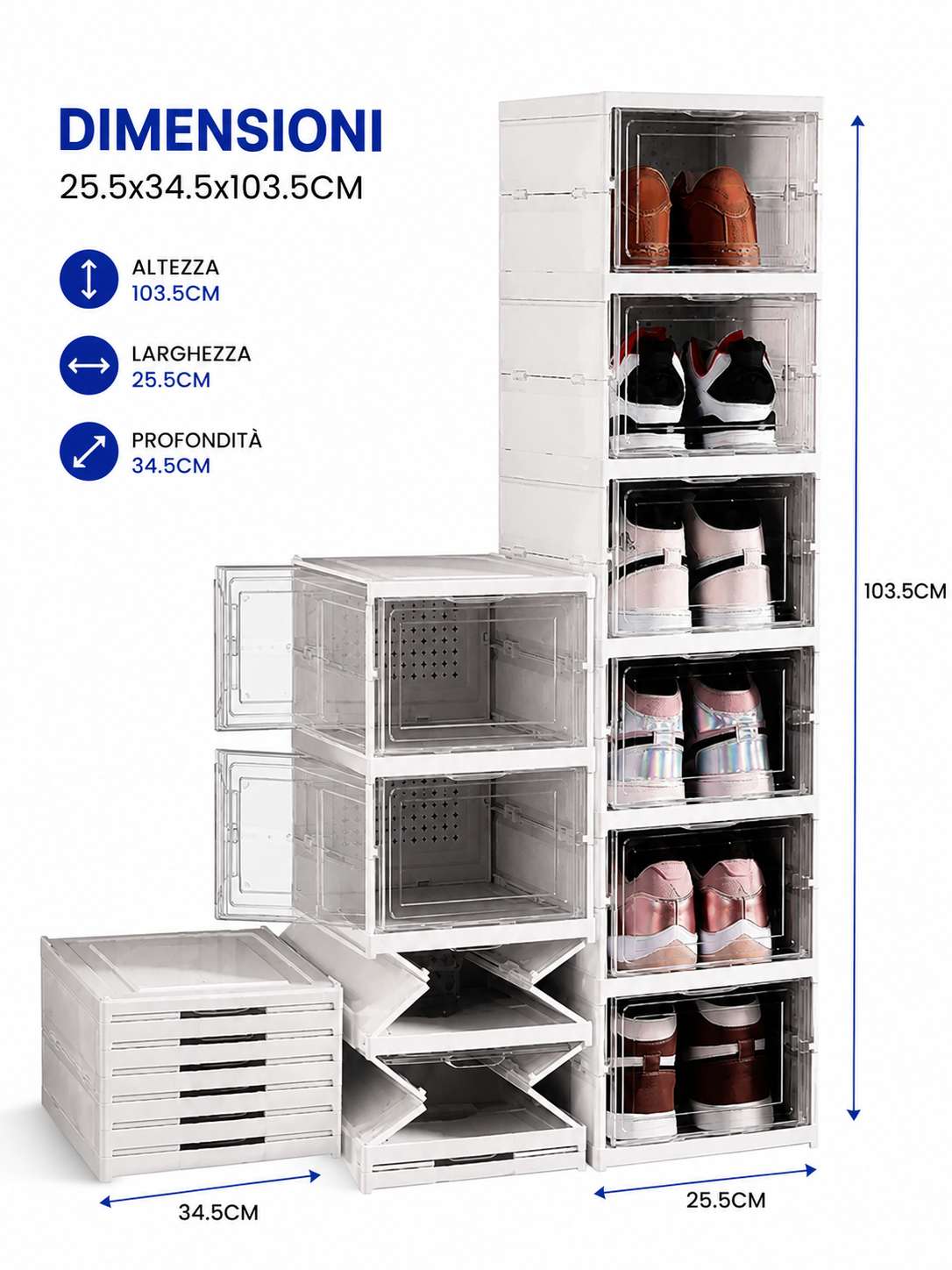 Scarpiera Pieghevole 6 Ripiani Salvaspazio con Sportelli Trasparenti – Organizzatore Scarpe Impilabile