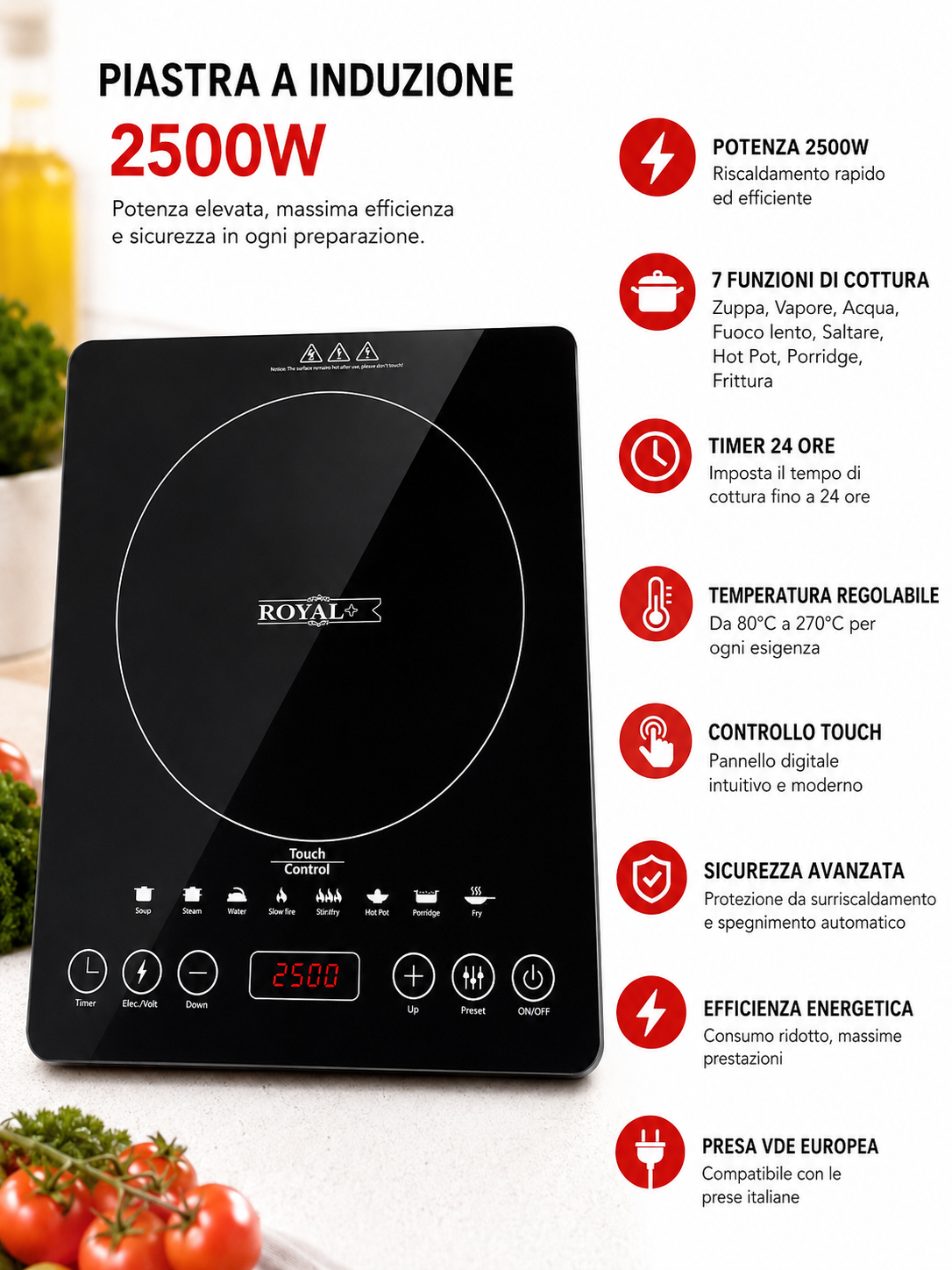 Piastra a Induzione 2500W Portatile Touch – Piano Cottura Elettrico con Timer 24h e 7 Funzioni