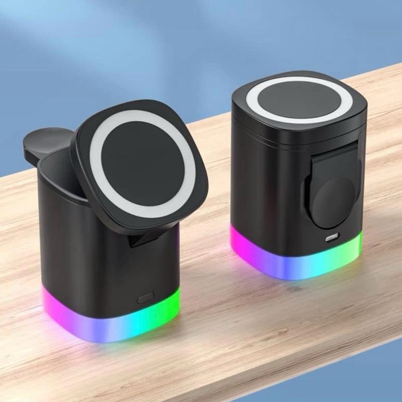 PowerDock 3x1 Stazione di Ricarica Wireless 3 in 1 con Rotazione Automatica 180° per Smartphone Smartwatch e Auricolari Compatibile con Dispositivi Wireless