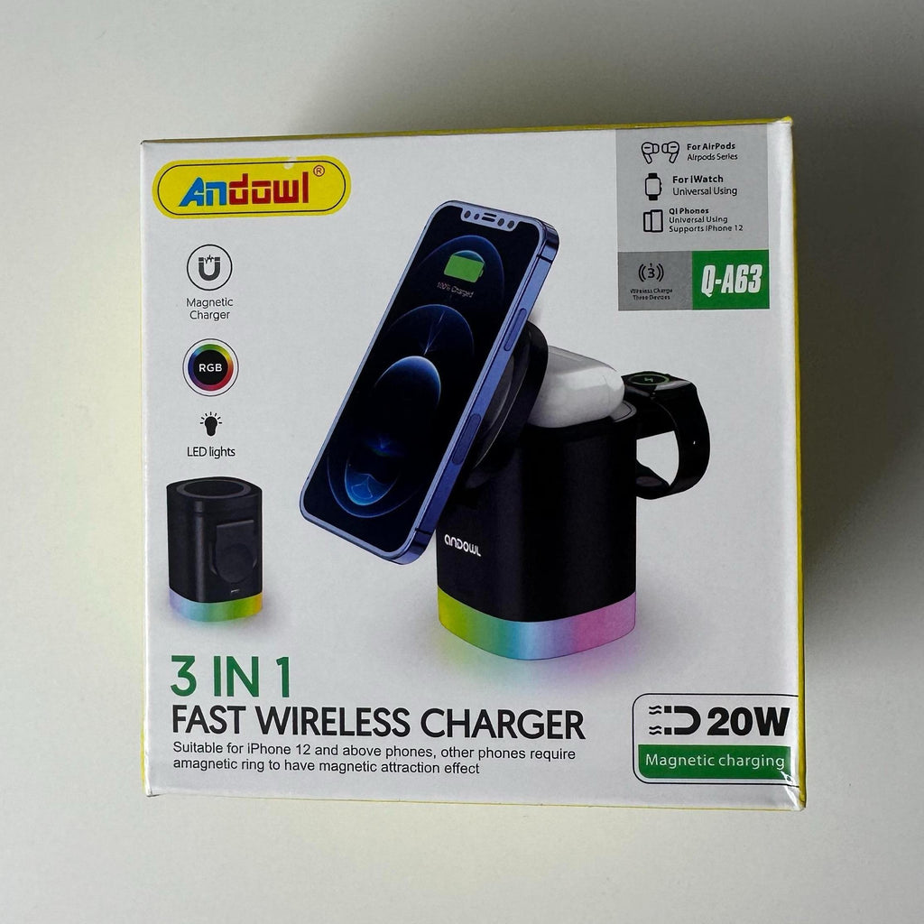 PowerDock 3x1 Stazione di Ricarica Wireless 3 in 1 con Rotazione Automatica 180° per Smartphone Smartwatch e Auricolari Compatibile con Dispositivi Wireless