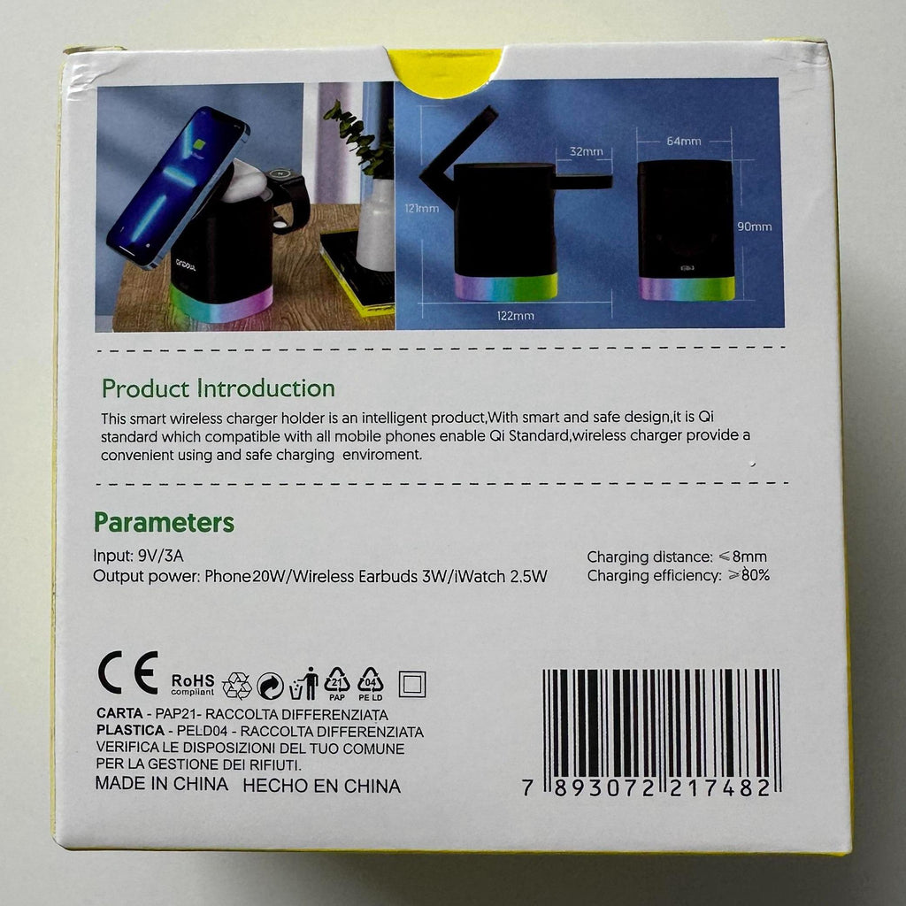 PowerDock 3x1 Stazione di Ricarica Wireless 3 in 1 con Rotazione Automatica 180° per Smartphone Smartwatch e Auricolari Compatibile con Dispositivi Wireless
