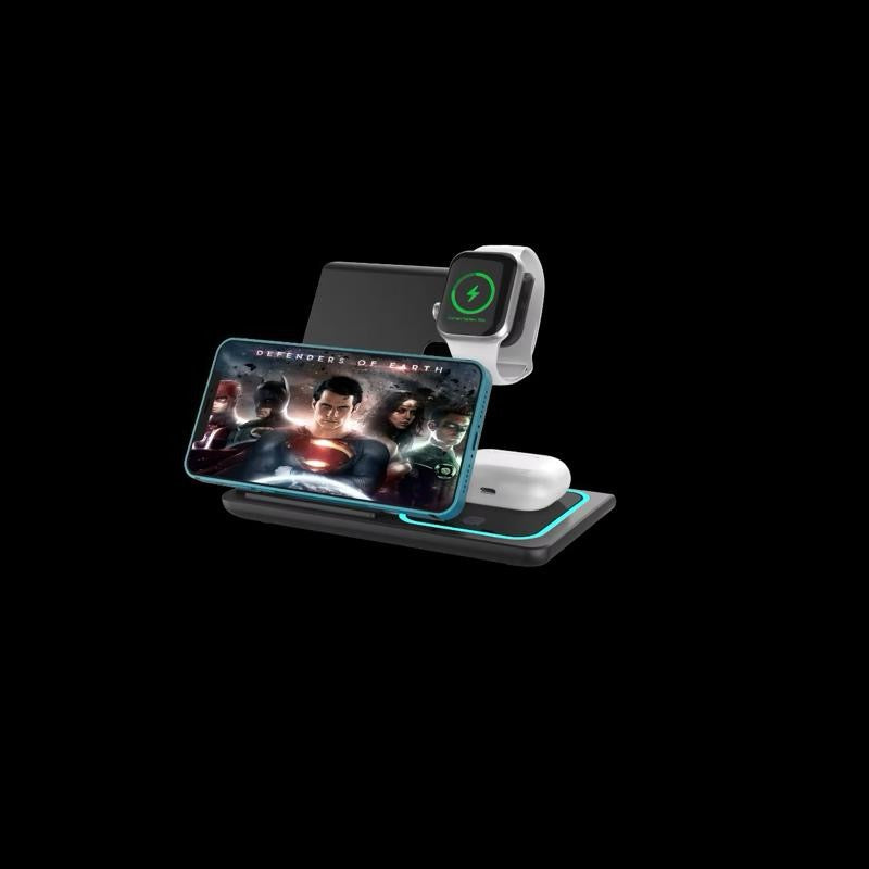 PowerDock 3in1 Ricarica Wireless per Smartphone Smartwatch e Auricolari Design Moderno e Compatto Senza Cavi per Casa Ufficio o Comodino