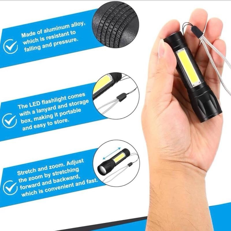Mini Torcia LED Ricaricabile USB in Alluminio Resistente con 3 Modalità di Luce e Funzione Zoom Regolabile Ideale per Auto Campeggio e Emergenze