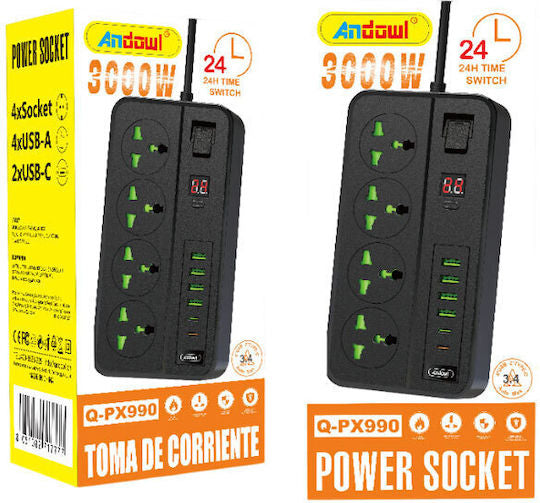 Multipresa Smart 3000W con 4 Prese Universali, 4 USB e 2 USB-C – Protezione Sovraccarico e Display LED