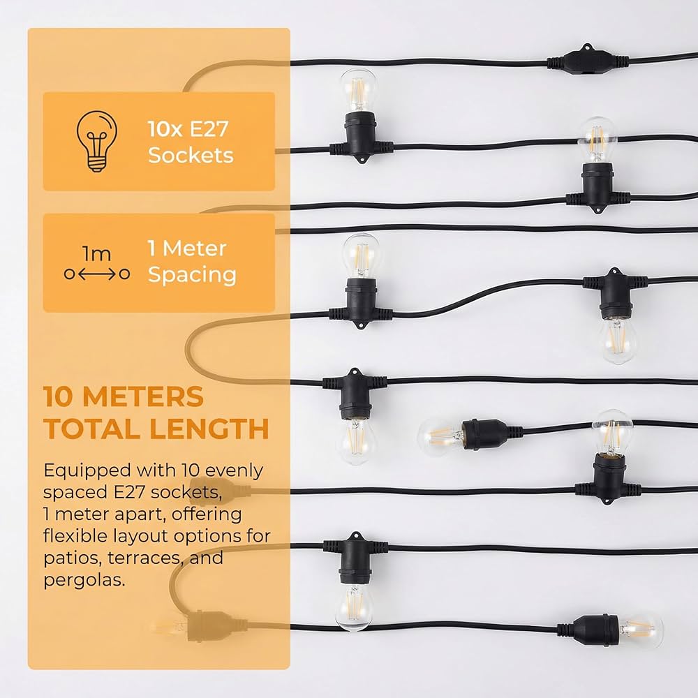 Catena Luminosa Guinguette LED da Esterno – 10 m – 10 Lampadine LED Incluse – Impermeabile IP44 – Prolungabile – Attacco E27