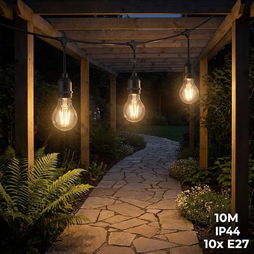 Catena Luminosa Guinguette LED da Esterno – 10 m – 10 Lampadine LED Incluse – Impermeabile IP44 – Prolungabile – Attacco E27