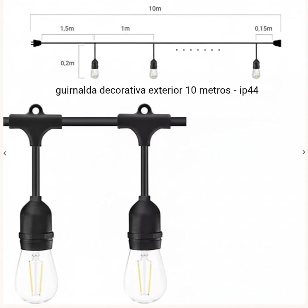 Catena Luminosa Guinguette LED da Esterno – 10 m – 10 Lampadine LED Incluse – Impermeabile IP44 – Prolungabile – Attacco E27